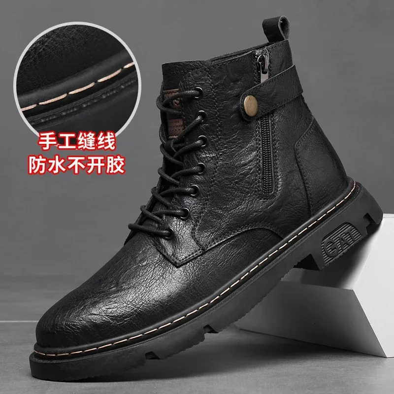 2024 Men\'s Genuine Leather Boots High-top Mens Work Shoes Plus Velvet To Keep Warm Non-slip and Wear-resistant Motorcycle Boot