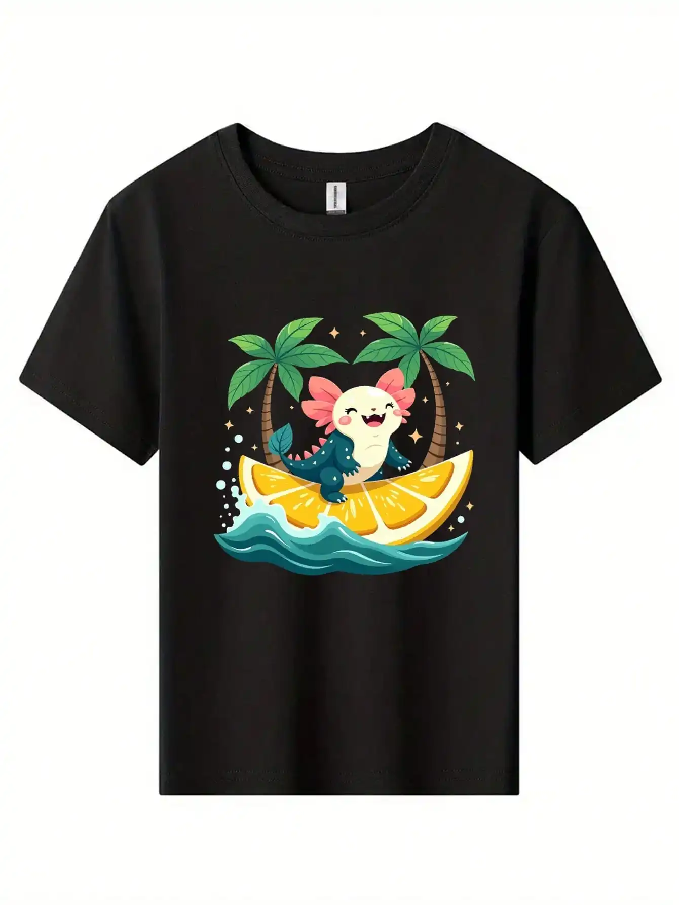 

Cute Mexican Axolotl Tropical Surreal [Pattern] Cotton T-Shirt, Black Tee With Palm Trees, Axolotl, And Citrus Slice