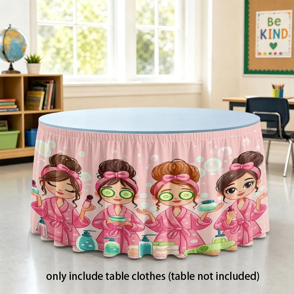 Cute pink shawl girl with cucumber slices and skincare patterns. Home decoration, dining table, office desk, party tablecloth.