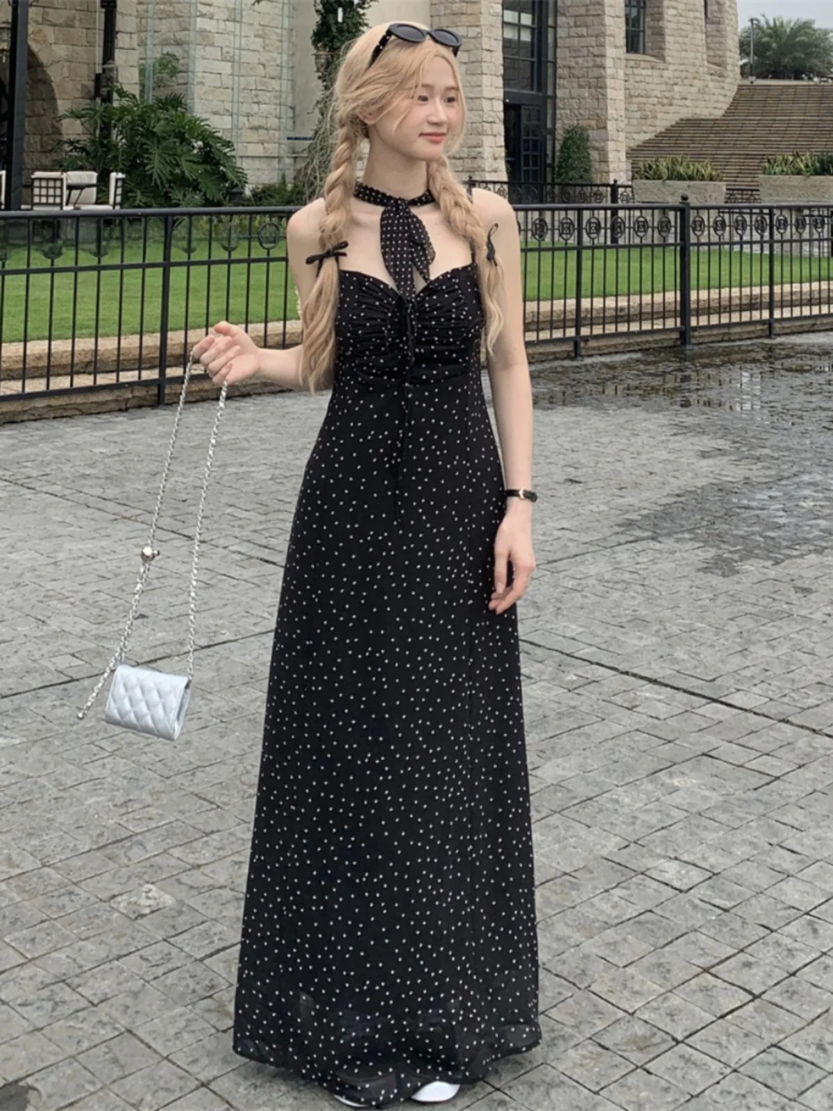 

Sweet Polka Dot Print Maxi Dr Women's Summer New Holiday Sle A-Line Long Skirt Belted Korean Sle Slim Fit Commute Sle