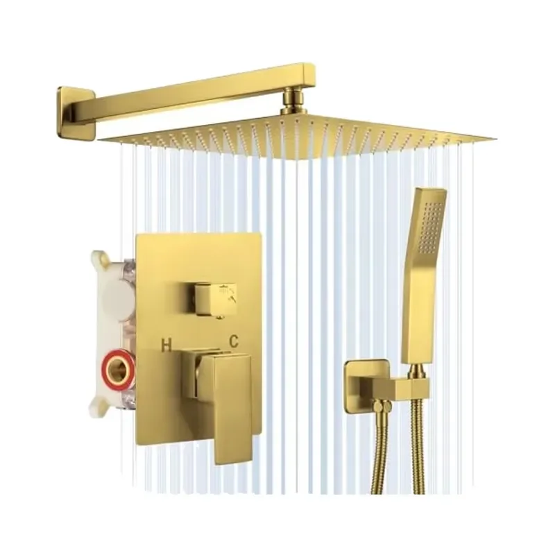 12-Inch Soft Brushed Gold Bathroom Faucet Set Rain Handheld Wall Mounted Rainfall Shower System Brass Body Trim Ceramic