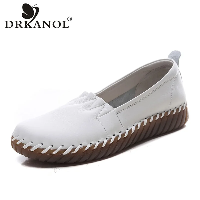 DRKANOL Women Flat Shoes Shallow Genuine Leather Slip On Loafers Ladies Comfort Handmade Sewing Casual Single Shoes Footwear