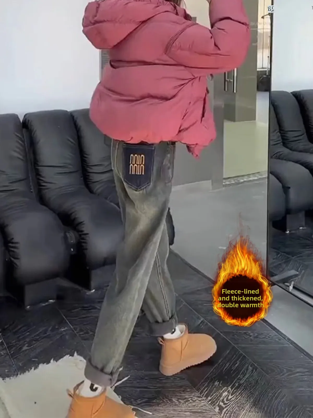 

Women's Fleece Lined Thick Denim Jeans High Waist Bootcut Pants Winter Casual High Elasticity Warm Bootcut Jeans for Pear Sha...