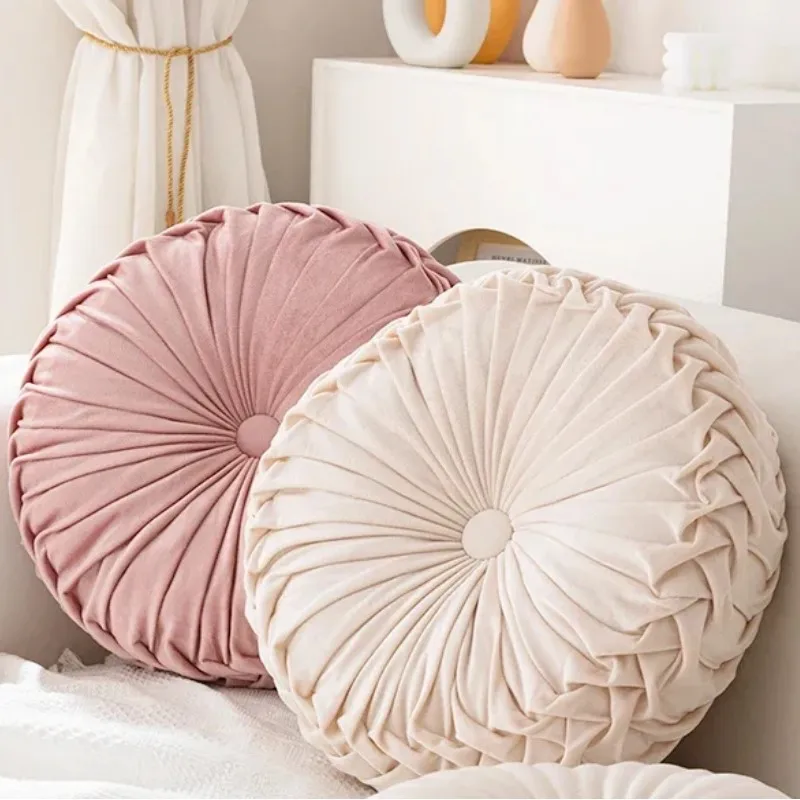 Cream Round Pleated Velvet Throw Pillow Soft Plush Decorative Seat Cushion for Bed Couch Chair - Decorative Pumpkin Gift Pillows