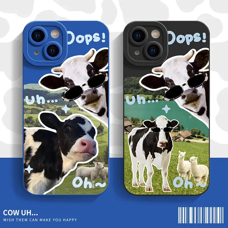 Korean Cute Collage Sunglasses Cow Phone Case For iPhone 16 15 14 13 12 Pro Max 11 Lovely Cool Silicone Shockproof Soft Cover