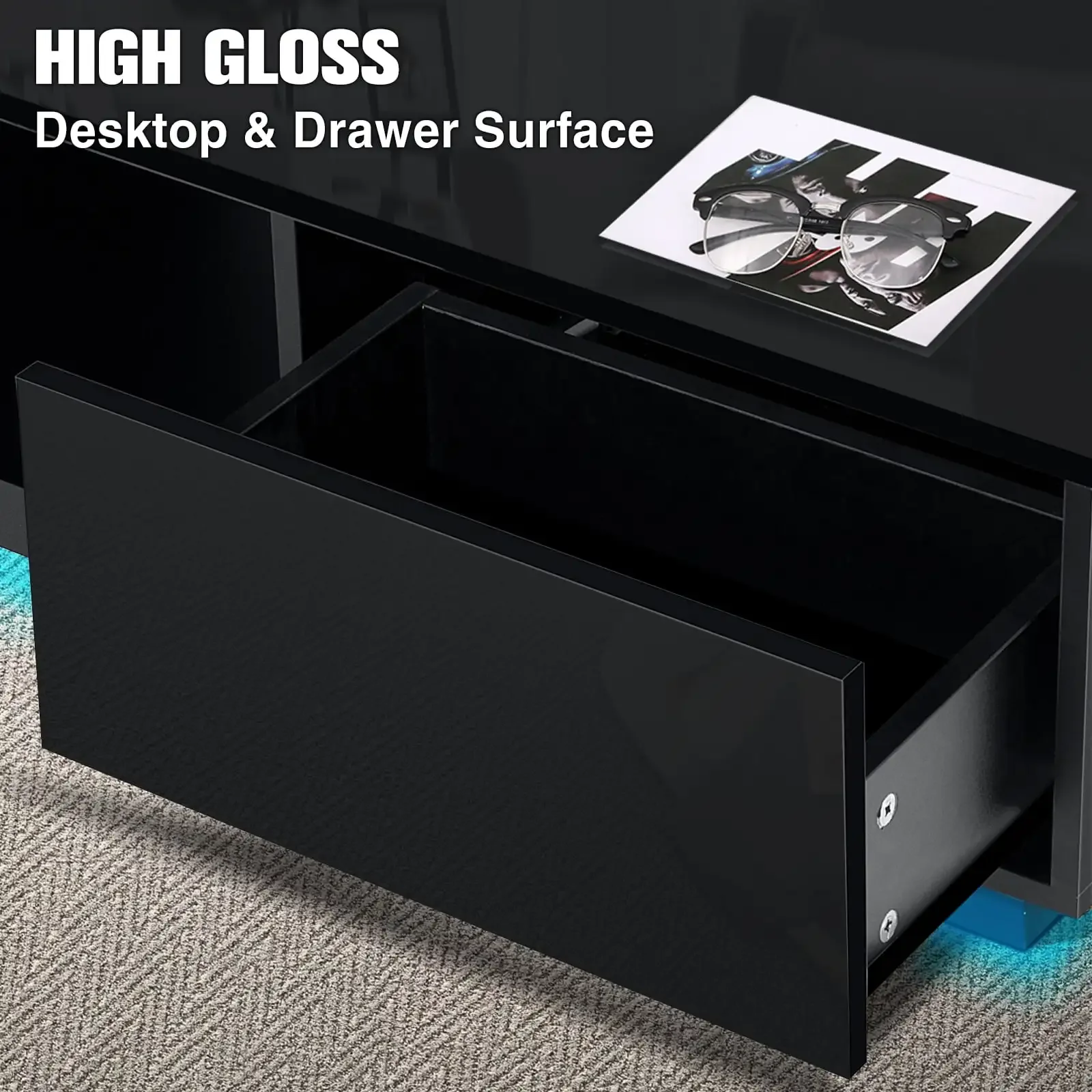 LED Coffee Table Modern Side Tables High Gloss Black Cocktail Table with 2 Drawers Open Shelf for Living Room