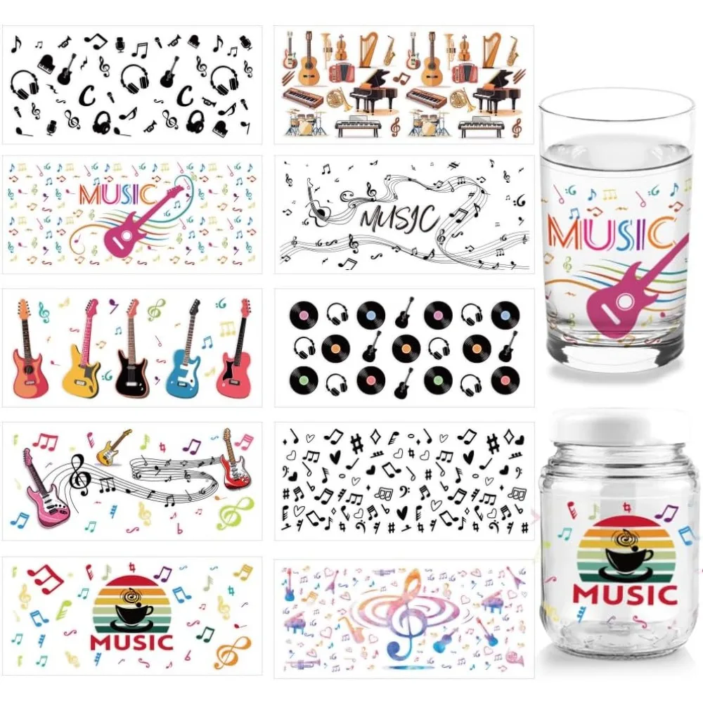 10 Blatt Musik-Themen UV DTF Becherfolie für 16OZ Gläser Gitarre Klavier Kopfhörer Abziehbilder Cartoon PVC Transferaufkleber