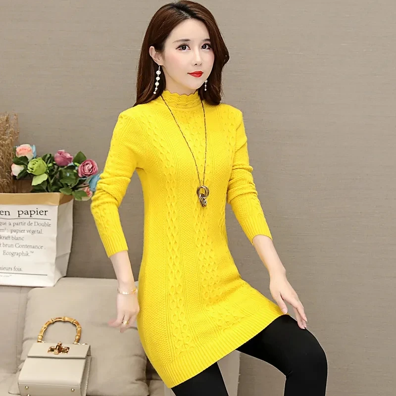 Half-High Collar Sweater Women Pullover 2023 Autumn Winter New Korean Mid-Length Slim Knit Sweaters Dress Pull Jumper Femme Tops