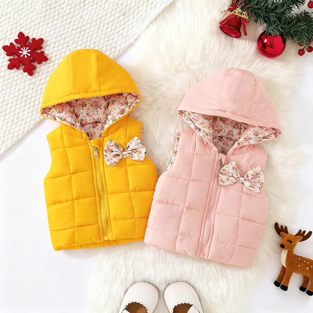 

Одежда для маленьких девочек, осенне-зимний теплый жилет с цветочным мультяшным принтом для девочек, милый верхняя одежда для малышей с капюшоном