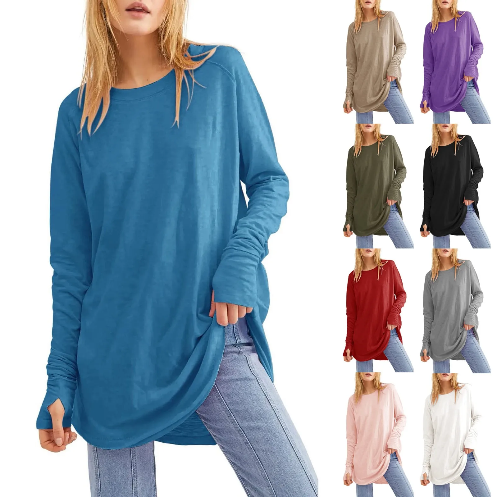 Plus Size Women's Solid Round Neck Loose Long Sleeve Medium Length Leaky Thumb T-shirt Top Medium Length Leaky Thumb T-shirt Top