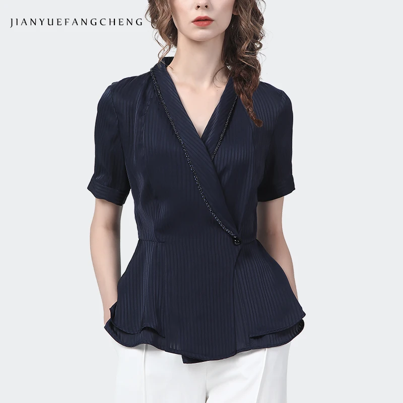 Fashion Women Spring Summer Short Sleeve Blue Stripes Shirt Beading Trims Slim Fit V-Neck Satin Top Streewear Casual Blouses