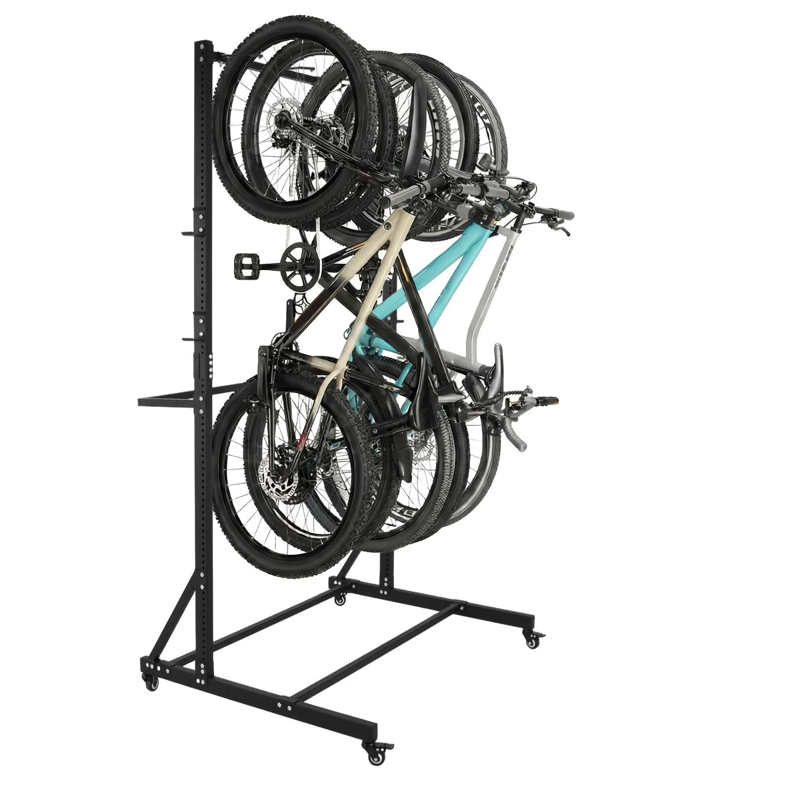

Freestanding Hanging Bike Stand with Locking Casters & 6 Hooks Holds Up To 5 Bikes Height Adjustable for Garage Basement & Home