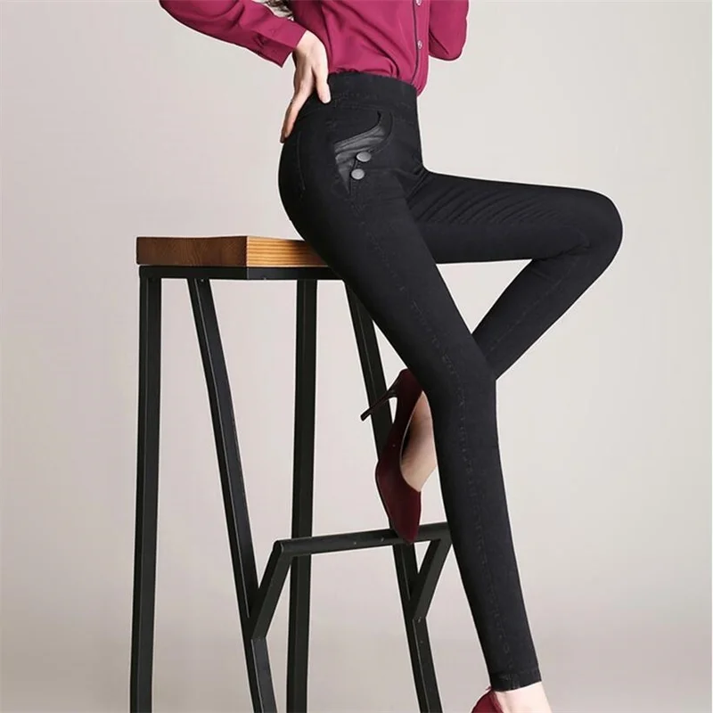 New Skinny High Waist Stretch Women Black Pencil Pants Faux Denim High Waist Plus Size S-5XL Jeans