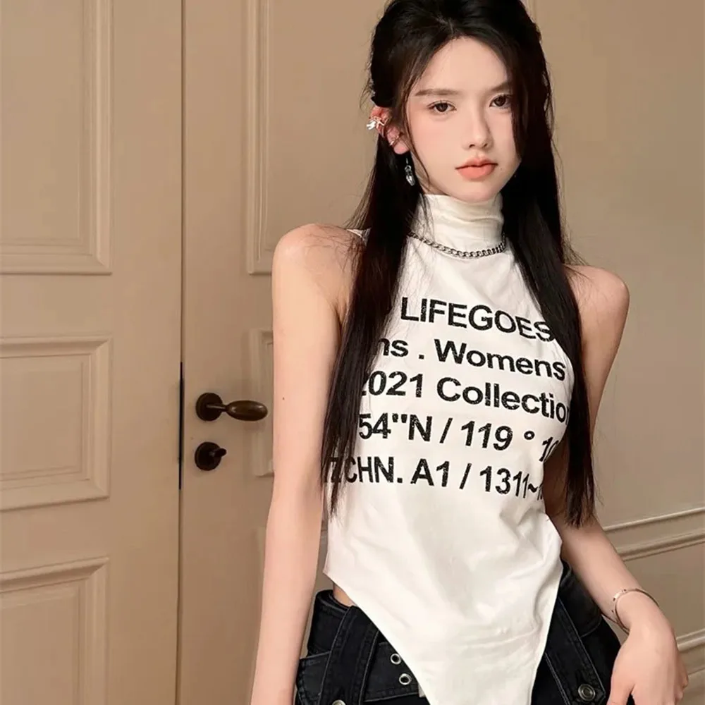 Sexy Jumpsuit Tops Mujer White Sleeveless Turtleneck Letter Print Tee Shirt  Feminino Vintage Fashion Y2k Streetwear Bodysuits