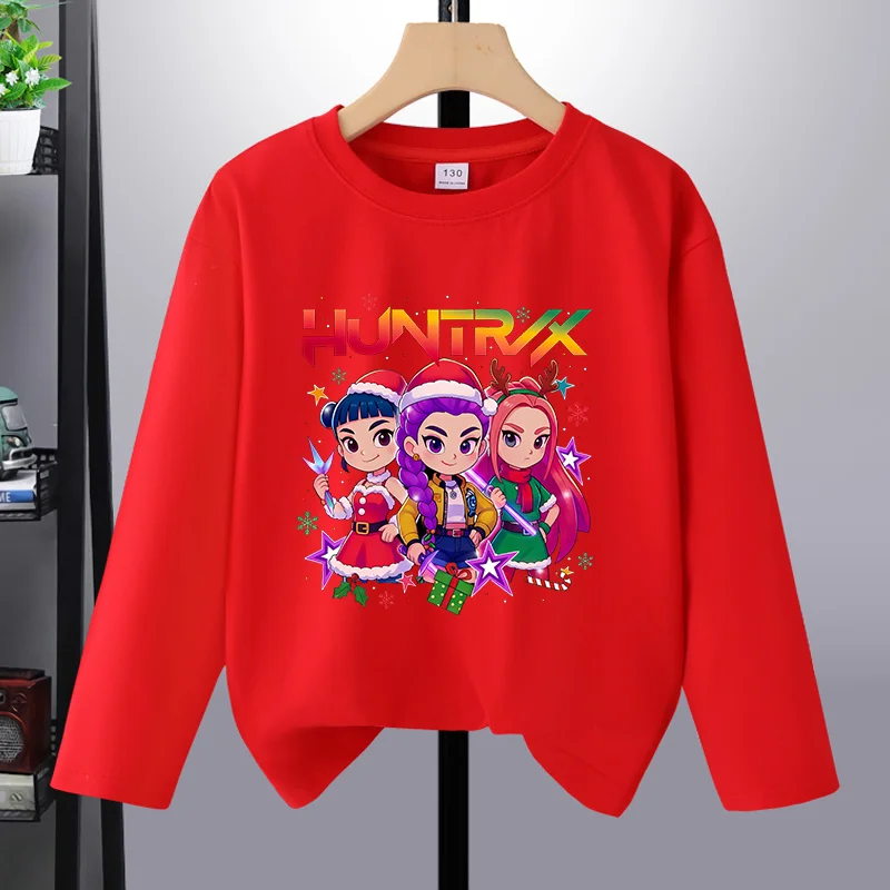 Kpop Demon Hunters Christmas Long Sleeves Boys Girls Thin Clothes Xmas Cartoon and Anime Pattern Printed T-shirt Festive Tops