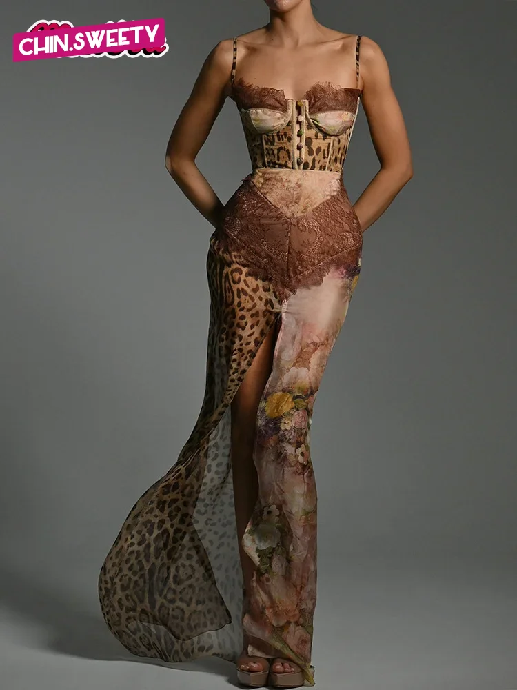 ชุดเดรสยาวลายเสือดาวเซ็กซี่แบบผ่าข้าง สายเดี่ยว ผ้าตาข่ายบางเบา สำหรับผู้หญิง ฤดูร้อน 2025 ชุดราตรีหรูหราสำหรับงานปาร์ตี้