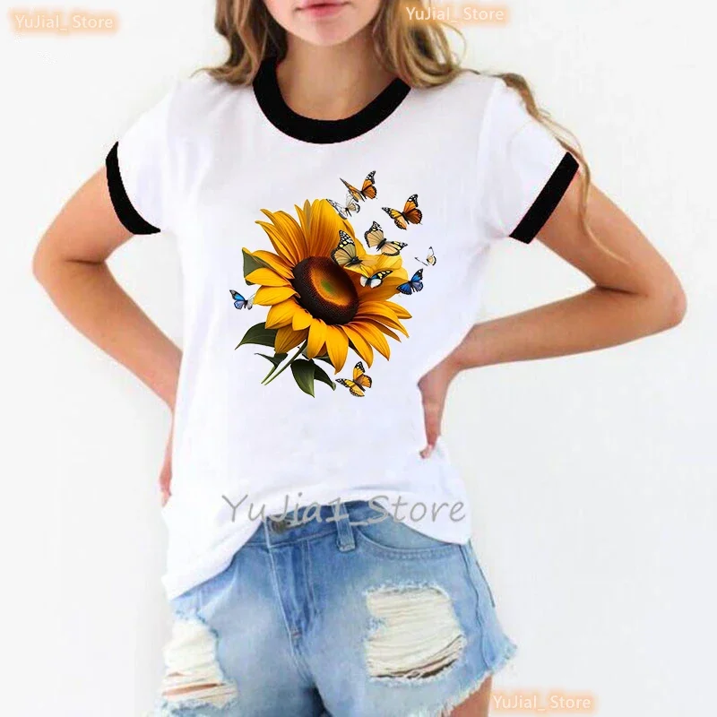 New Arrival Butterfly Flowers Printed T Shirt Girls Summer Fashion Short Sleeve T-Shirt Female White Casual Tshirt Femme