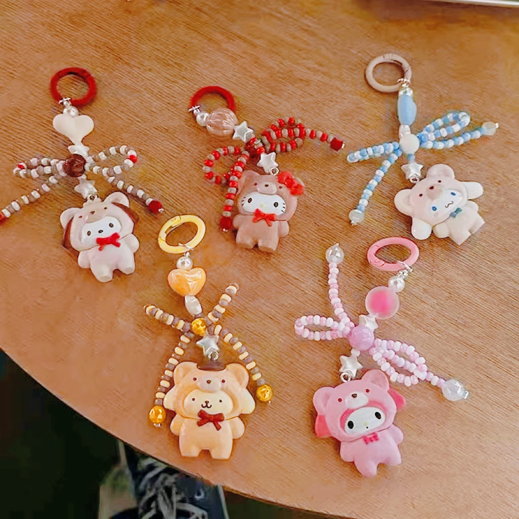 New Sanrio Hello Kitty Beaded Bow Pendant Anime My Melody Pochacco Keyring Cartoon Cinnamoroll Anti-Lost Mobile Phone Chain Gift