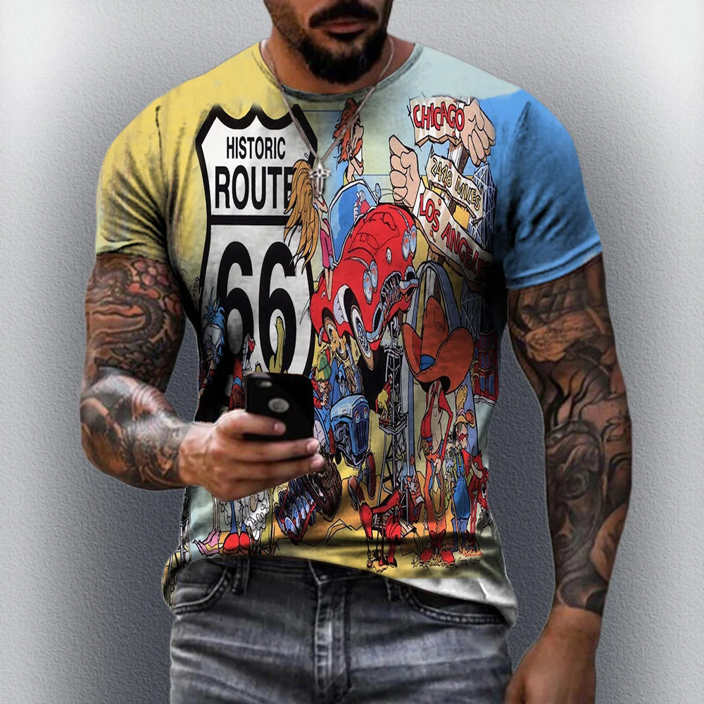 2025 الصيف الرجال الرجعية الطريق 66 سباق الدراجات النارية المتضخم الرجال التجفيف السريع تي شيرت مريح موضة الاتجاه فضفاض عادية