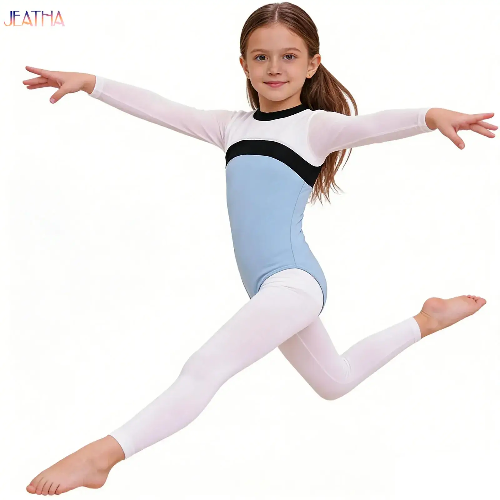 

Kids Rhythmic Gymnastics Leotards Sheer Mesh Long Sleeves Cutout Girls Ballet Bodysuit Figure Ice Skating Jumpsuit Performances