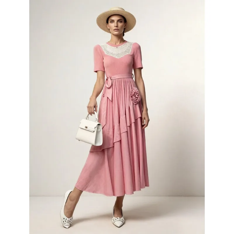 

Плиссированное платье Miyake 2026: Новинка лета, дизайнерское, однотонное, с ажурным воротником, цветочным узором, высококачественное, приталенное, во французском стиле