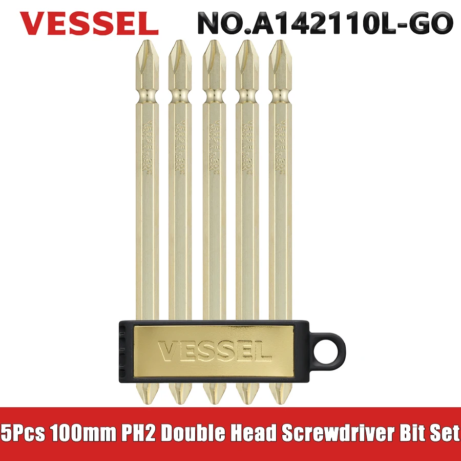 

VESSEL 5Pcs 100mm PH2 Double Head Gold Screwdriver Bit Set for Phillips Screws Magnetic Drill Bit Hand Tools NO.A142110L-GO