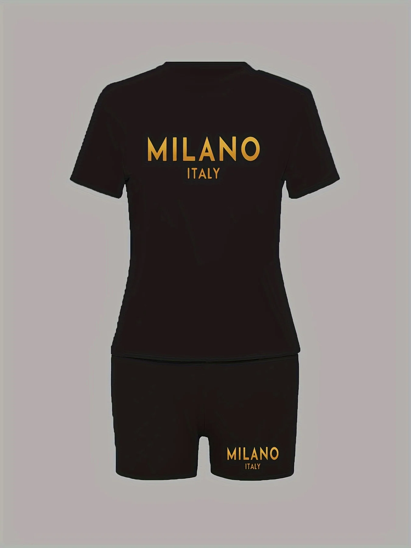 MILANO Print Casual Shorts Set, Crew Neck Short Sleeve Top & Shorts Outfits For Spring & Summer, Women's Clothing