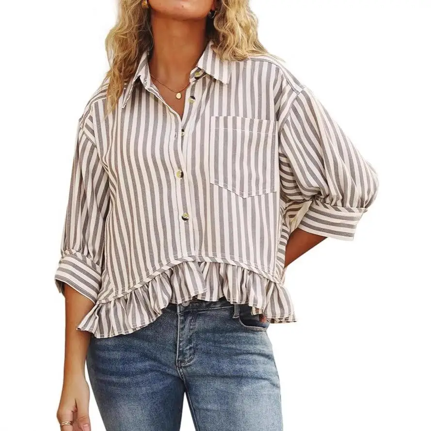 Casual zomer irt voor dames Button ort Sve geplooide zoom gestreepte top polyestervezel Bubble Sve normaal dun