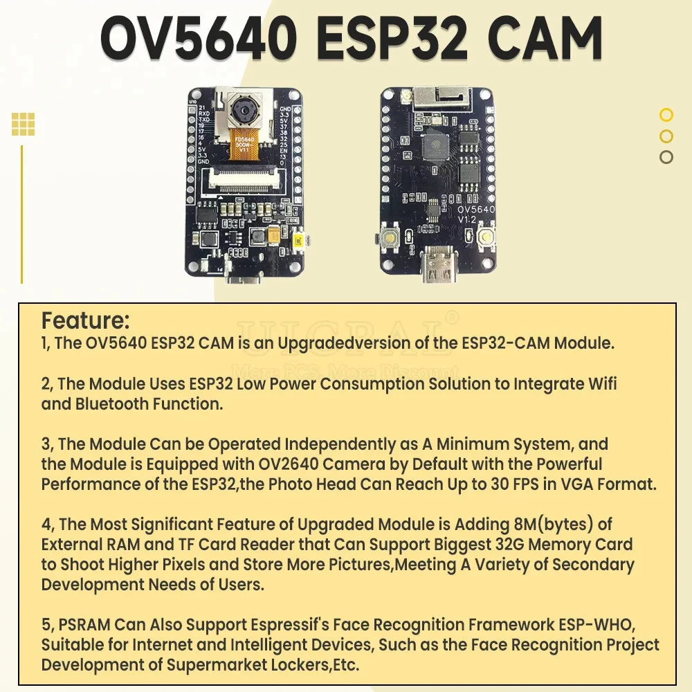 OV5640 ESP32 CAM Camera Module Kit 2.4 GHz WiFi and Bluetooth Develop Board Type C 8MB PSRAM HD 5MP Auto Focus 66 120 160 Degree