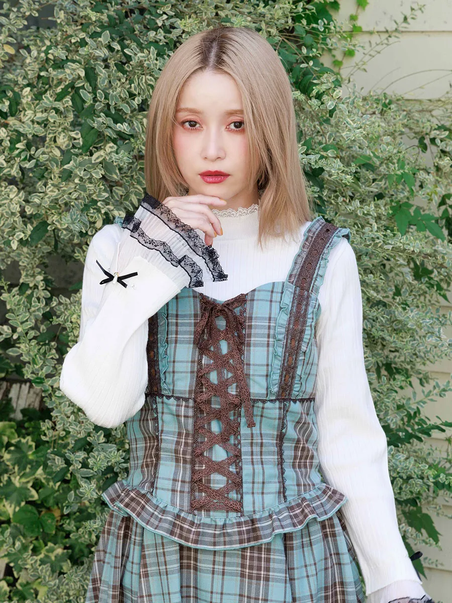 

Sweet Lace Tie Decorative Slim Fit Women's Plaid Csole Top Japanese Sle Polyester Fiber Casual Home Outing Wear