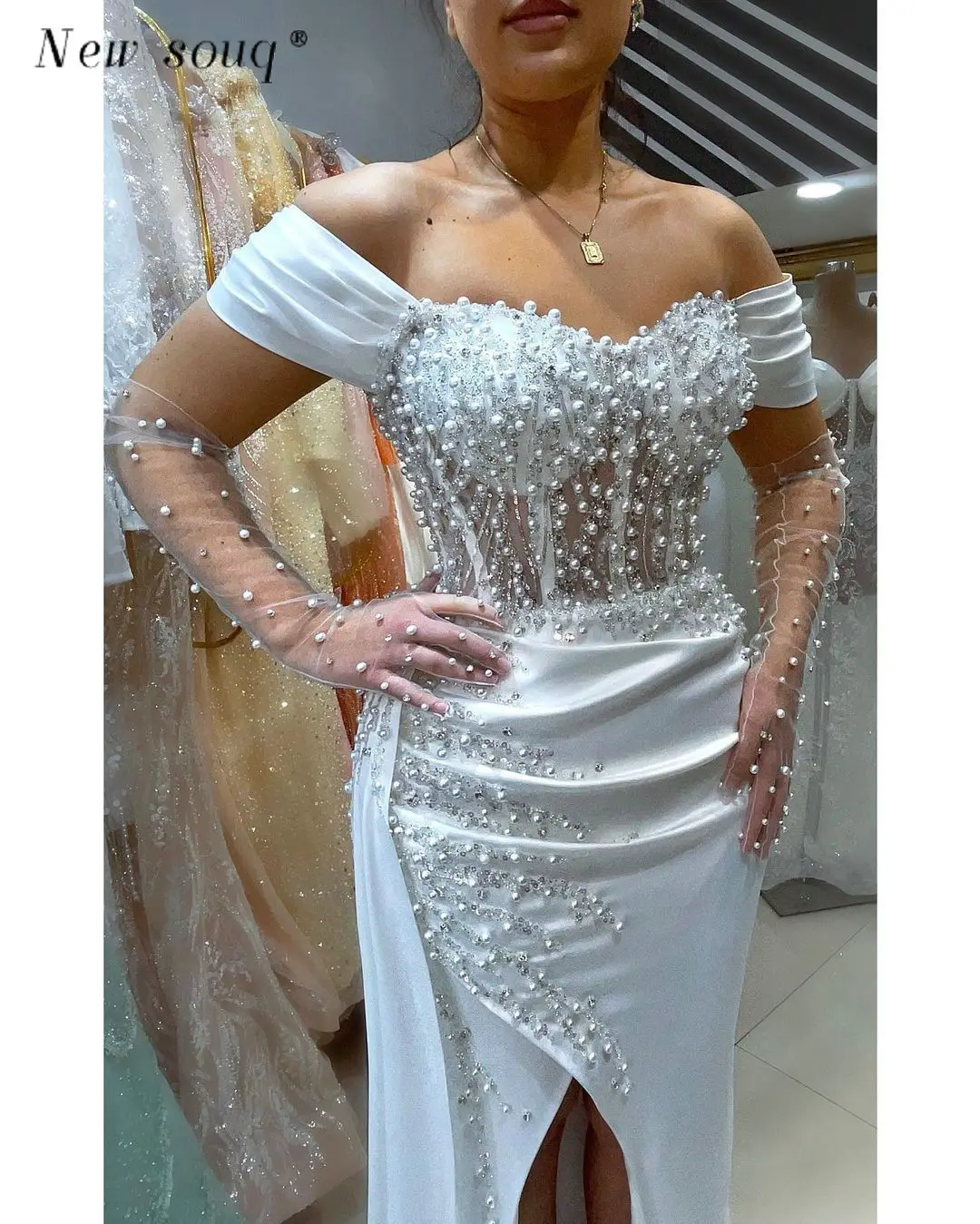 Sexy Off Shoulder White Pearls Beaded Corset Boning Evening Dresses with Slit 2024 Customised Satin Engagement Party Gowns