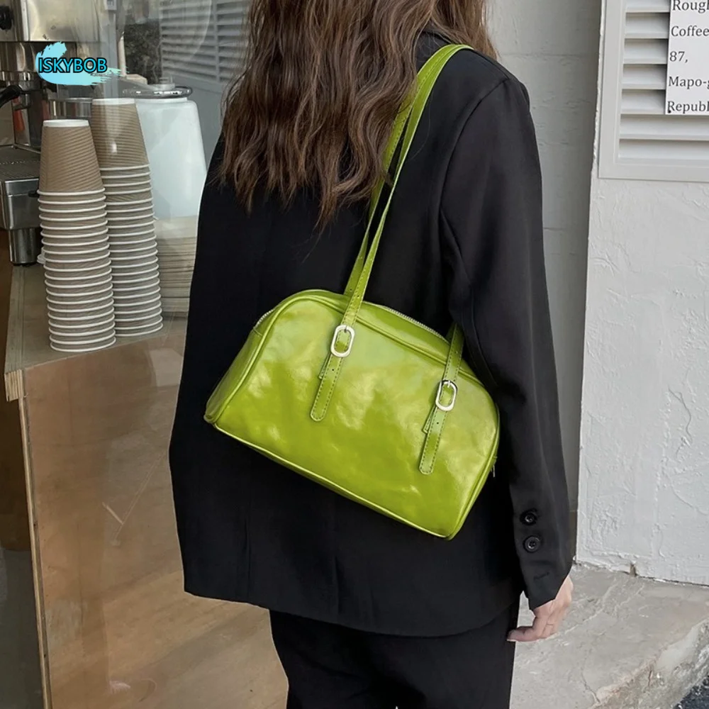 

Luxury Green Boston Bag Korean Style Large Capacity Underarm Bag Pillow Bag Tote Bag Female Handbag Girls