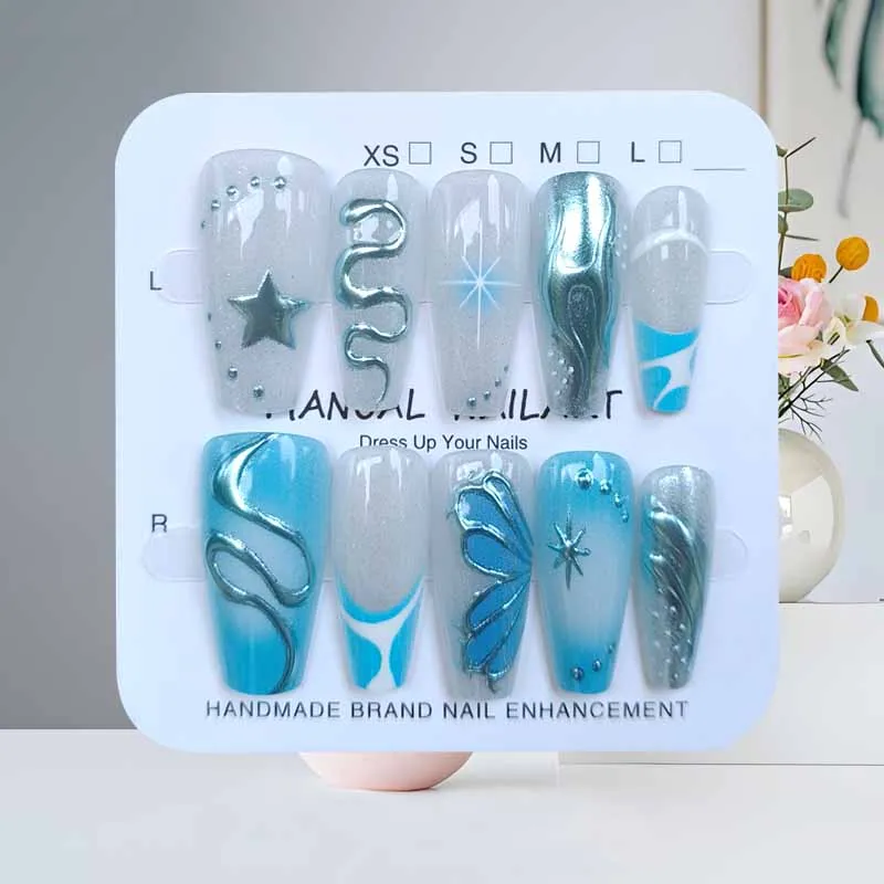 10-teiliges blaues Schmetterlings-Silber-Schlangen-Mennium-Hot-Girl-Nagelflicken zum Aufdrücken von Nials, sanfte und temperamentvolle Katzenaugen, gefälschte Nagelspitzen