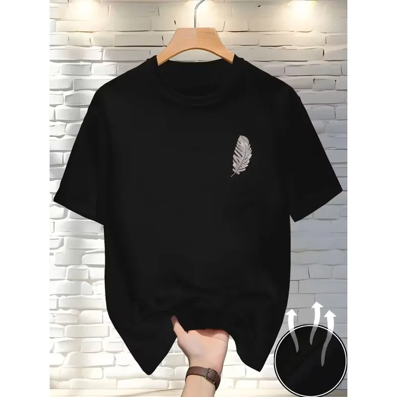Men's pure cotton T-shirt minimalist feather pattern printed round neck short sleeved soft breathable cotton short sleeved