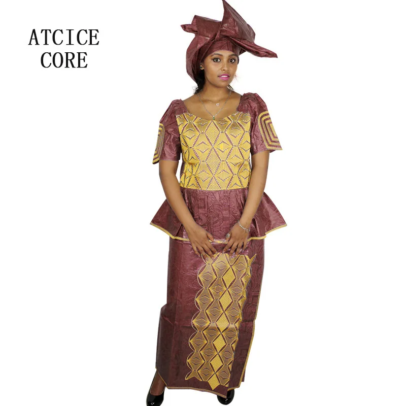 

African Dresses For Women African Fabric Bazin Riche Embroidery Design Dress Long Dress With Headtie