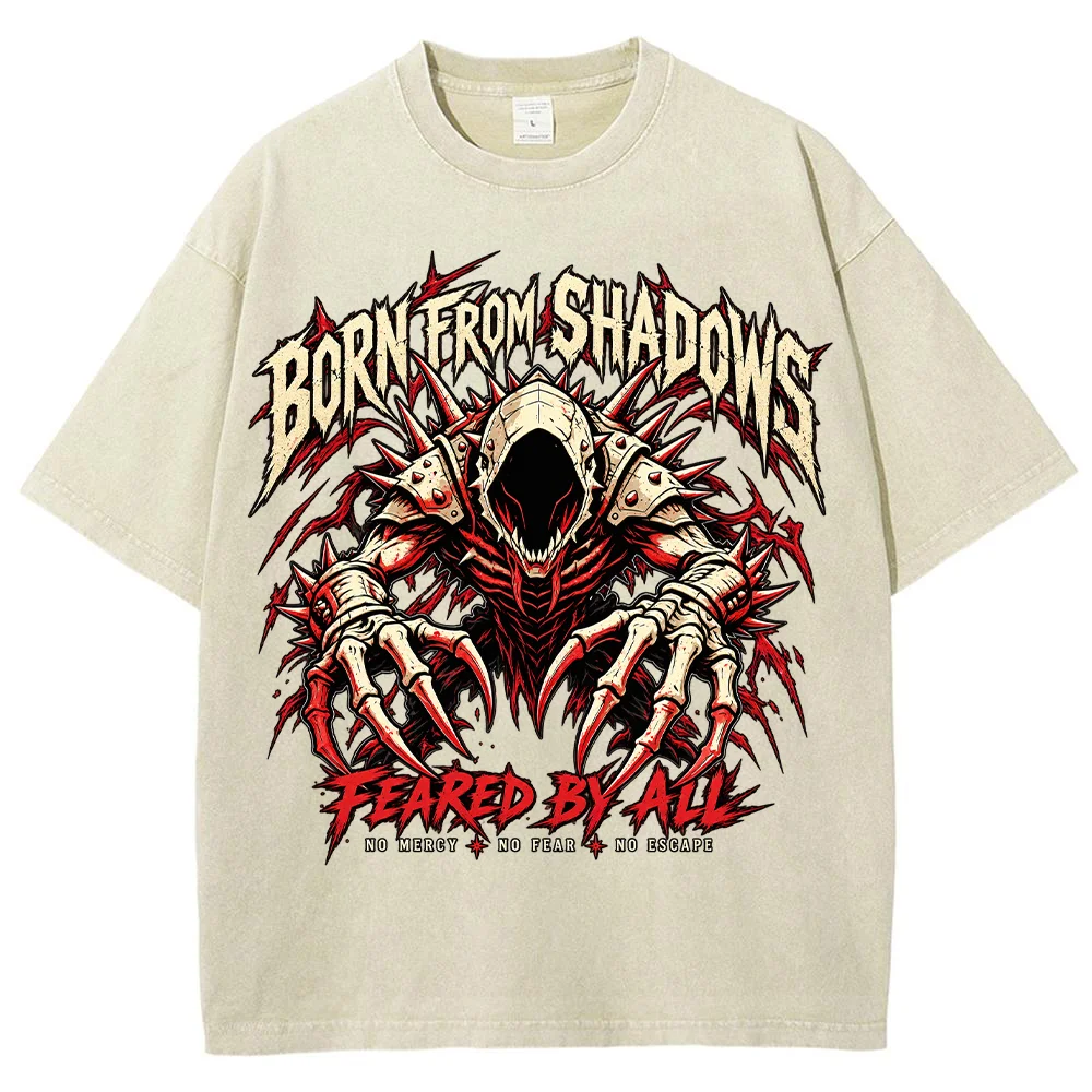 Men Born From Shadows Gothic Skull Graphic T Shirt Vintage Horror Metal Casual Short Sleeve Top Fear No Mercy No Fear No Escape
