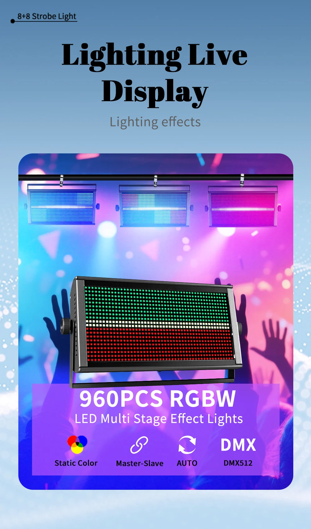 2 Stück 1000W 8+8 Stroboskoplicht RGBW 960LED Urlaubs-Ambientebeleuchtung DMX512 DJ Disco-Lichter für Lichtshows, Bars, Clubs und Bühnendekoration – Detail 5