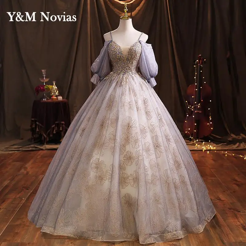 Vestido De quinceañera con cuentas De Organza, romántico, desmontable, mangas largas, elegante, dulce línea A, Vestido De novia De princesa