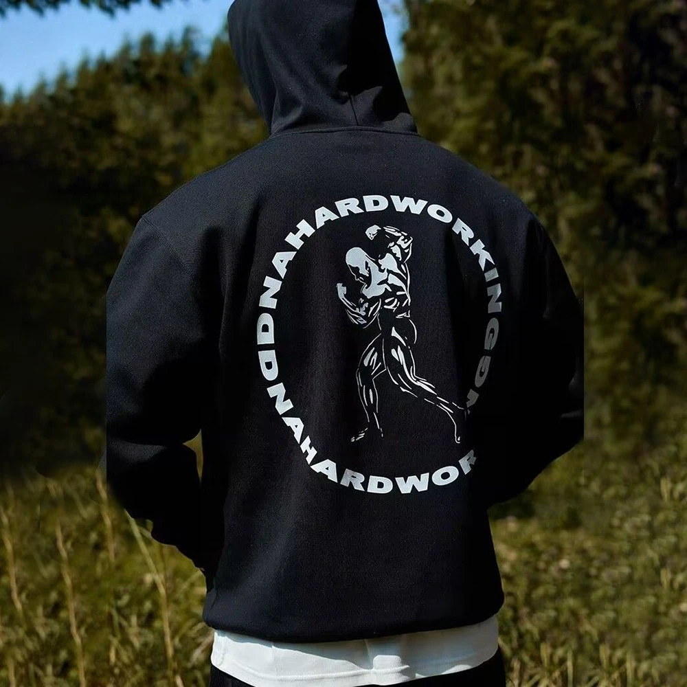 Mens Street Y2k Sports Long-Sleeved Sweatshirt Autumn Winter Fashion American Retro Trendy Brand Printed Loose Hooded Jacket Top