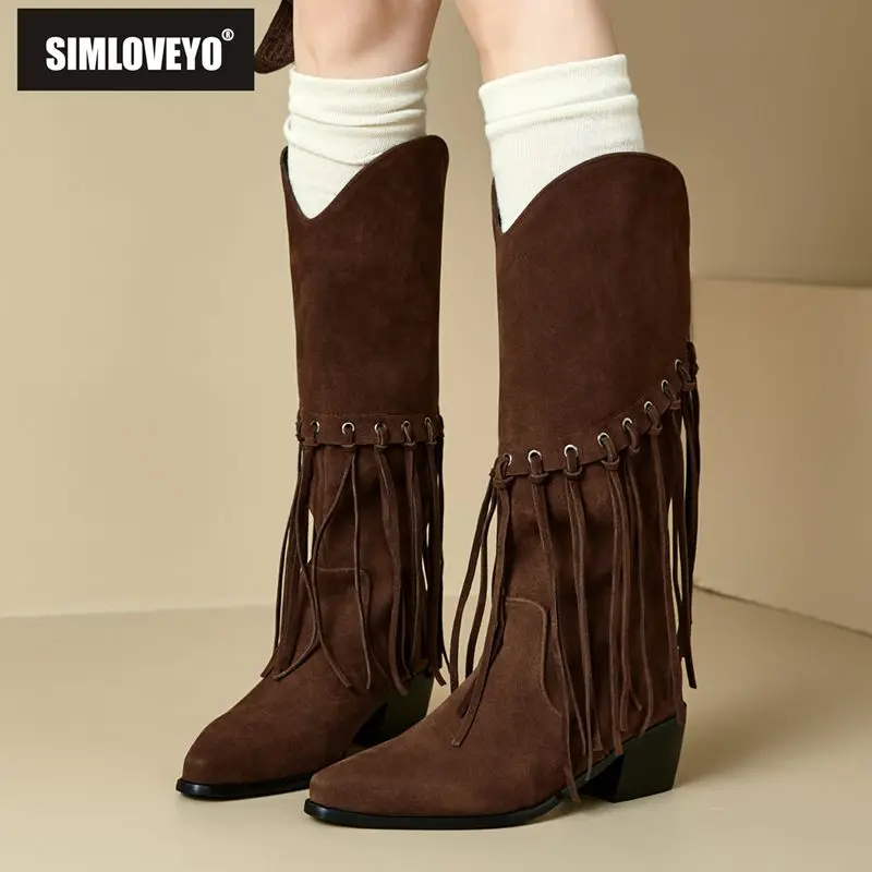 

SIMLOVEYO 2025 Женские туфли до середины икры в стиле ретро с острым носком на блочном каблуке 5,5 см, слипоны, большой размер 45, 46 47 48 Хаки Коричневый Черный