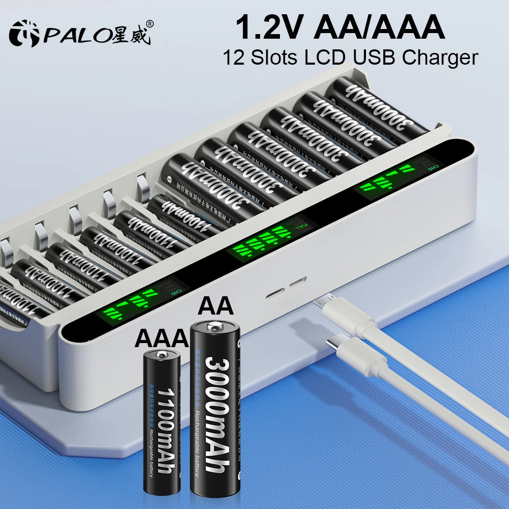 PALO 1,2 V AA AAA NIMH baterías recargables 2A 3A con 12 ranuras LCD USB cargador de batería rápido para batería AA AAA de 1,2 V