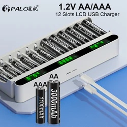 PALO 1.2V AA AAA NIMH Rechargeable Battery Batteries 2A 3A With 12 Slots LCD USB Fast Battery Charger for 1.2V AA AAA Battery