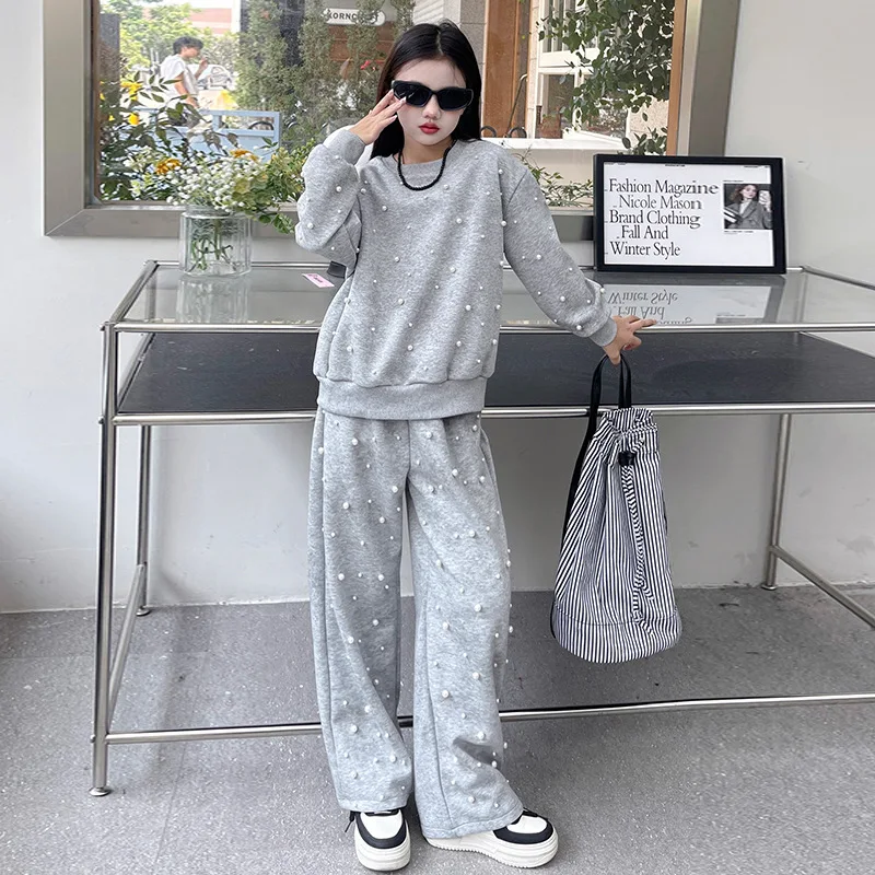 

Girls Suit 2024 Autumn New Childrens Clothing Korean Style Girl Baby Foreign Style Pearl Knit Hoodie Pants Two-piece Set