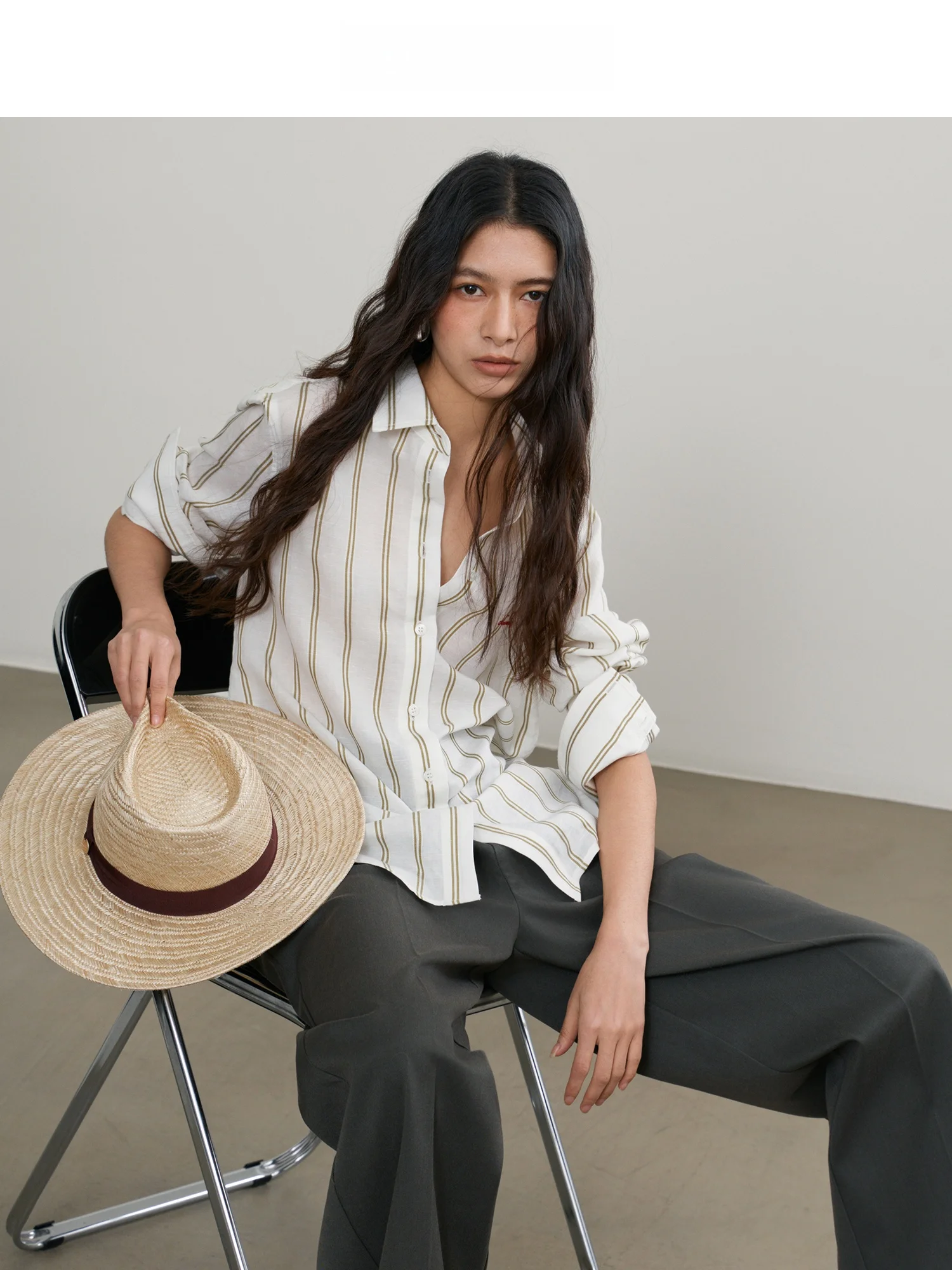 

Spring Xi Li High nce irt "White Pine Tea" een Contrast Color Stripes Women's Breathable Linen irt Casual Sl...