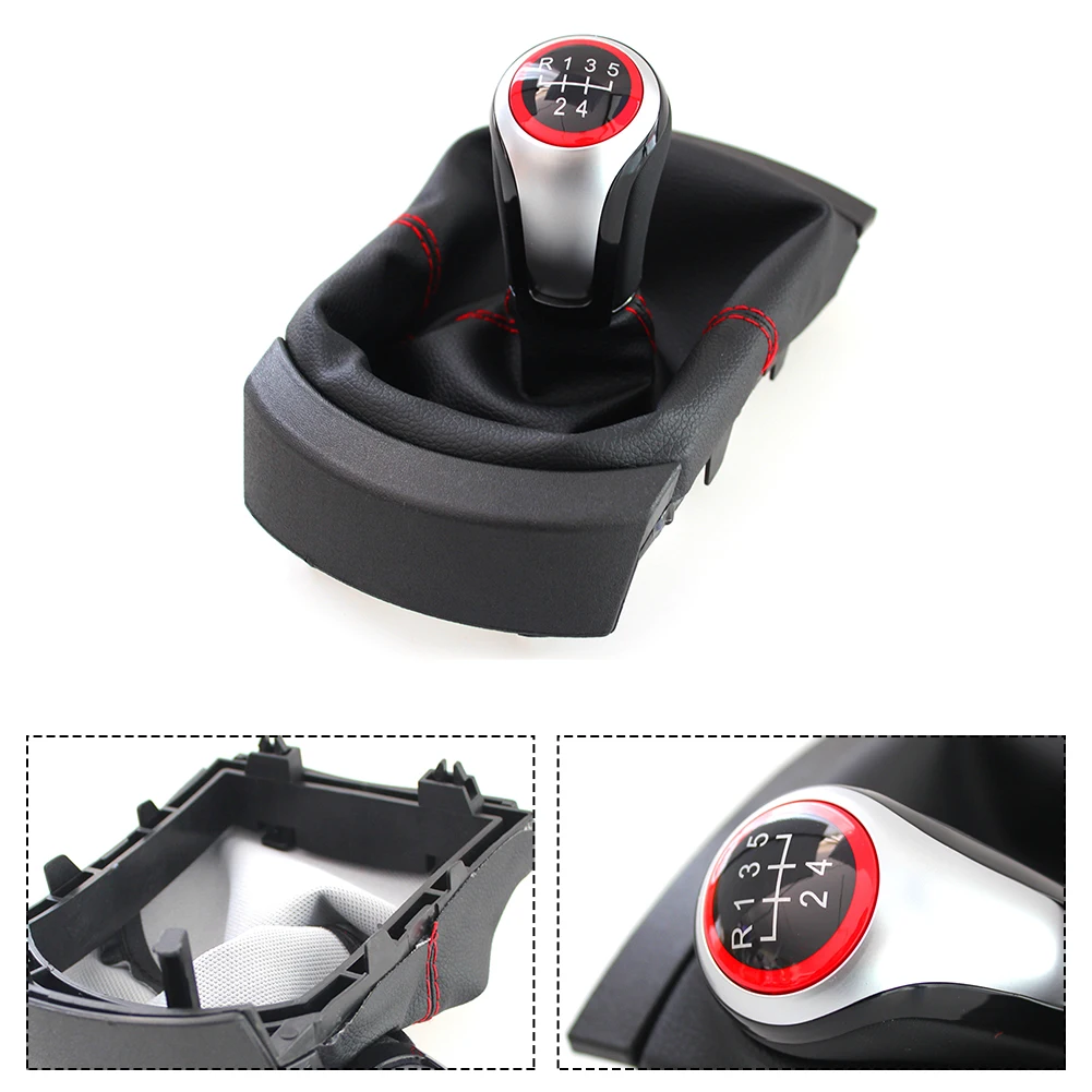 Manual Shift Knob and Bracket Base for Seat For Ibiza 2002 2010 Sleek Black Leather with Red Stitching for Stylish Interior