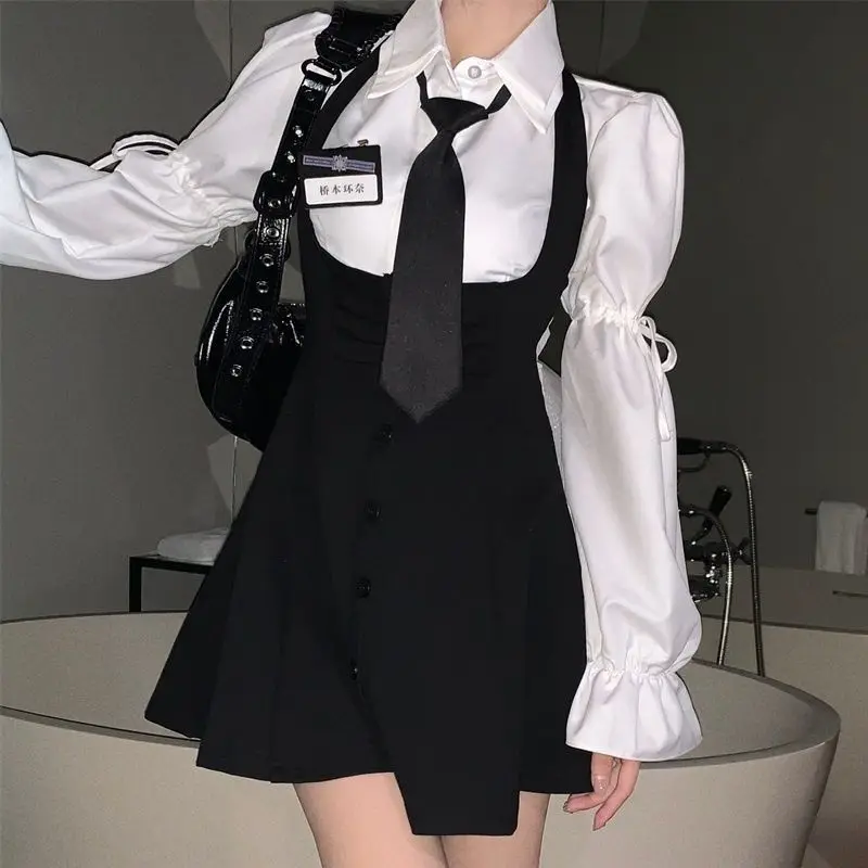 STSVZORR 2023 New Women\'s Short Skirt Set Academic Style Long Sleeved Shirt Top+Tie Strap Skirt 2 Piece Set