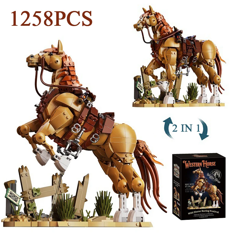 Kreative 1258-teilige Western 2-in-1 Cowboy-Pferd-Bausteine, zwei Formen, ungezähmtes Pferd, MOC-Bausteine, Heimdekoration, Spielzeug, Geschenk für Erwachsene