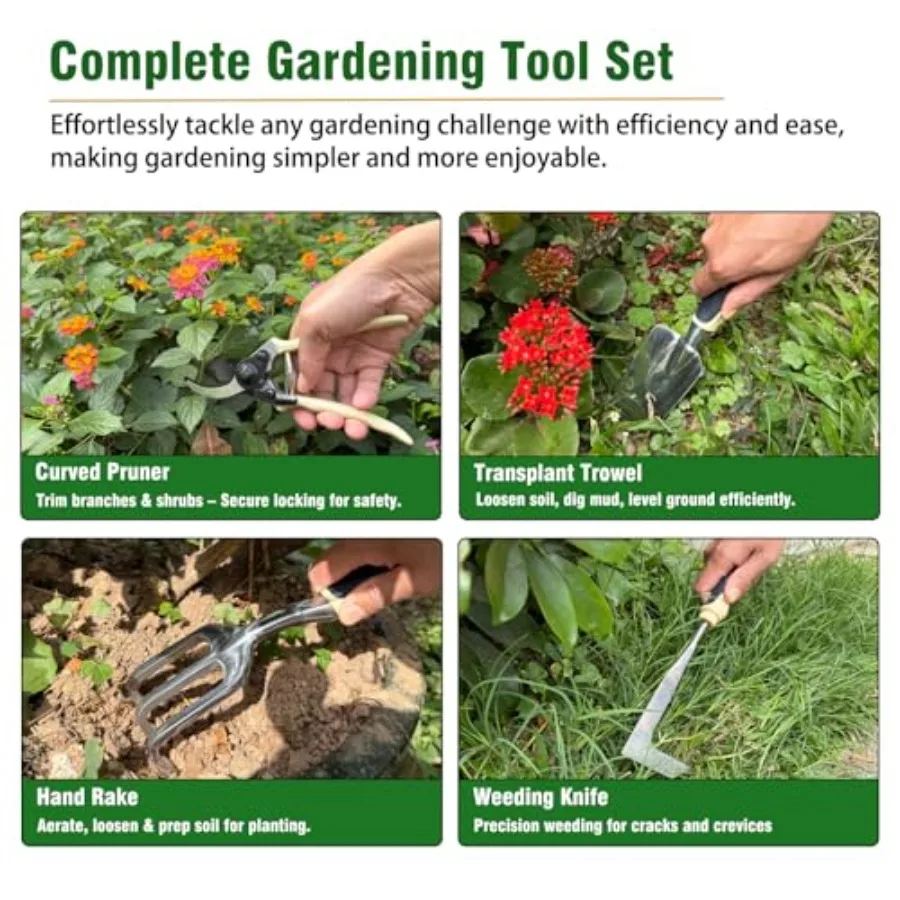 Conjunto de ferramentas de jardim, 9 peças, conjunto de ferramentas de jardinagem resistente com bolsa de ferramentas elegante, vários bolsos de armazenamento, durável, jardim e capina