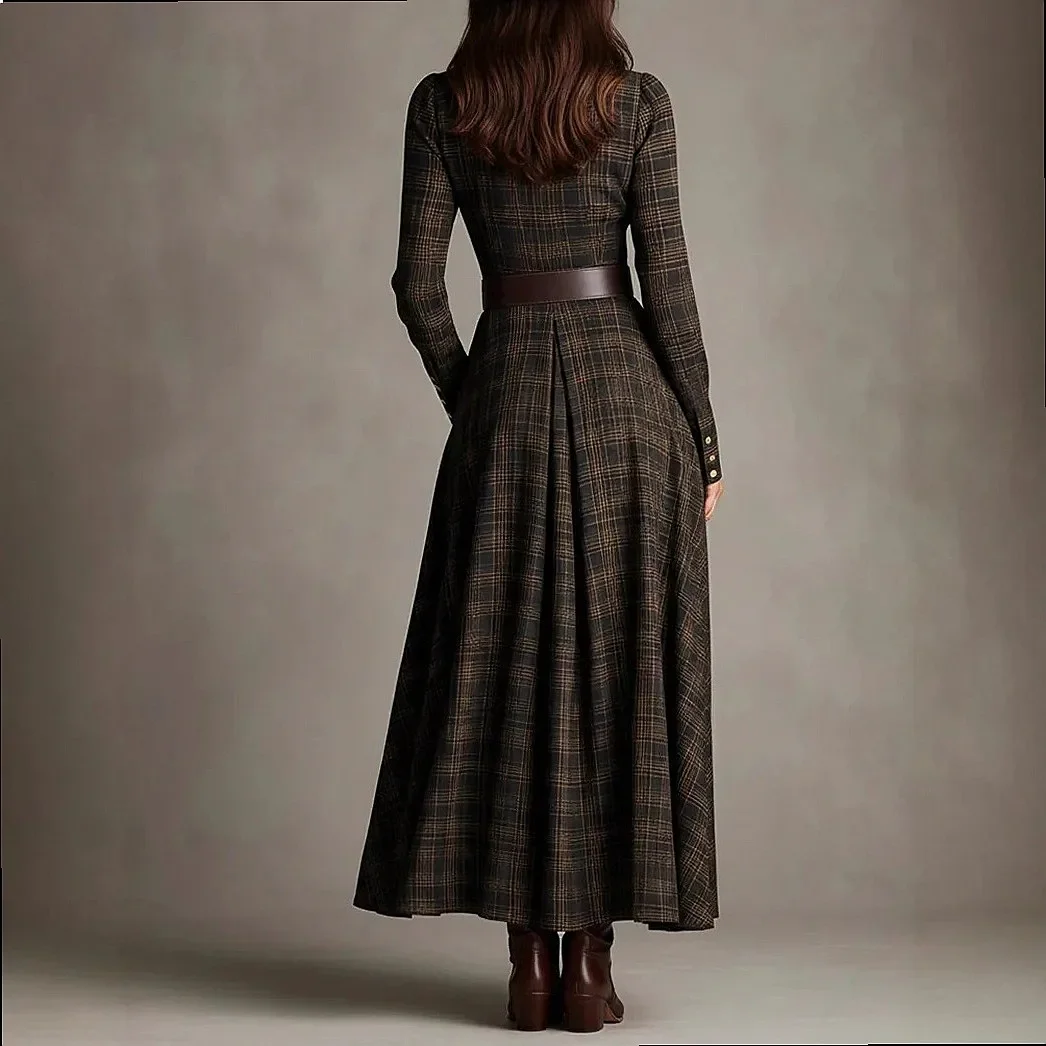Vintage-Karo-Hemdkleid für Damen, langärmelig, mit Revers, Knopfleiste, Maxikleid mit Gürtel, elegantes, plissiertes, A-Linien-Swing-Kleid für den Herbst – Detail 2