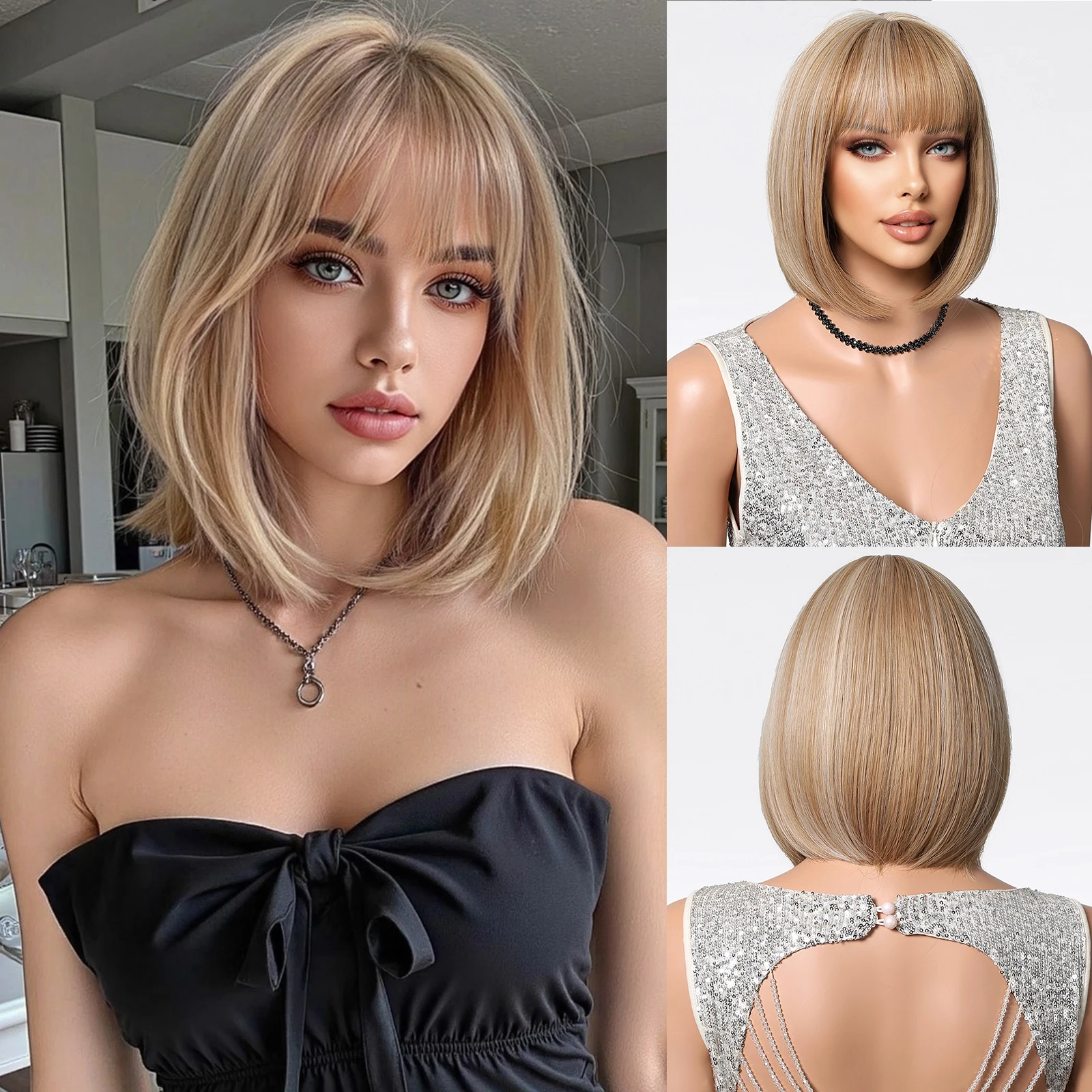 ALAN EATON-pelucas rectas de color rubio mezclado de platino corto sintético con flequillo para mujer, peluca Natural de uso diario, cabello de alta temperatura